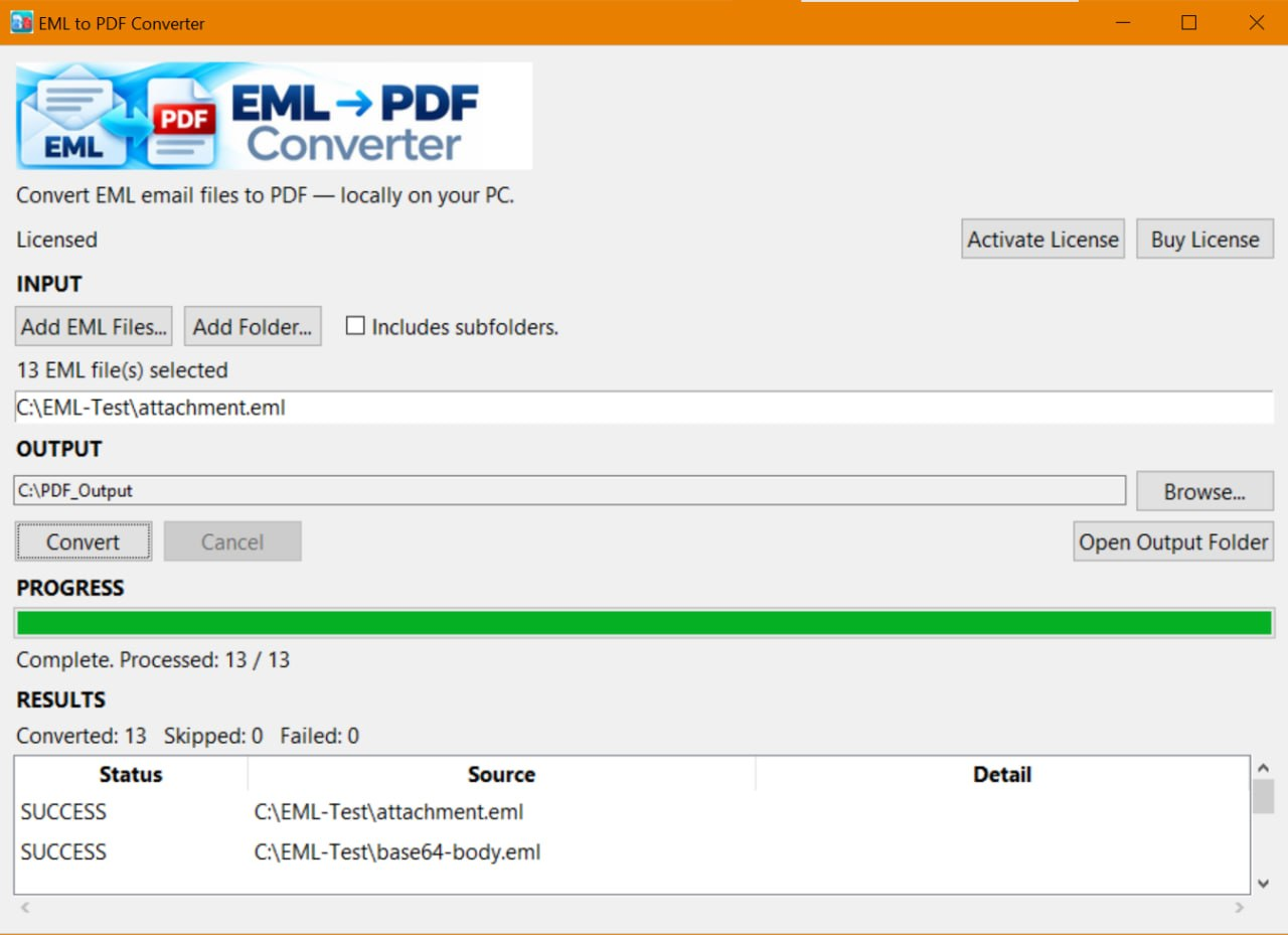 EML to PDF Converter Windows アプリの画面
