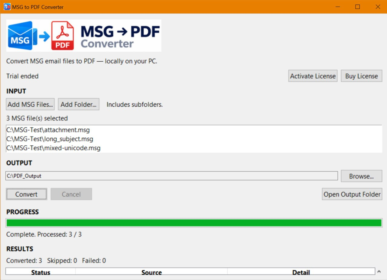 MSG to PDF Converter Windows アプリの画面