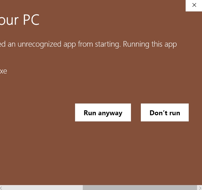 Windows SmartScreen showing the Run anyway option.
